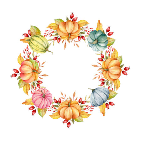Autumn Thanksgiving Frame with Watercolor Pumpkins and greenery, Floral Thanksgiving Wreath. Fall floral frame with Pumpkins, Berries and Leavesの写真素材