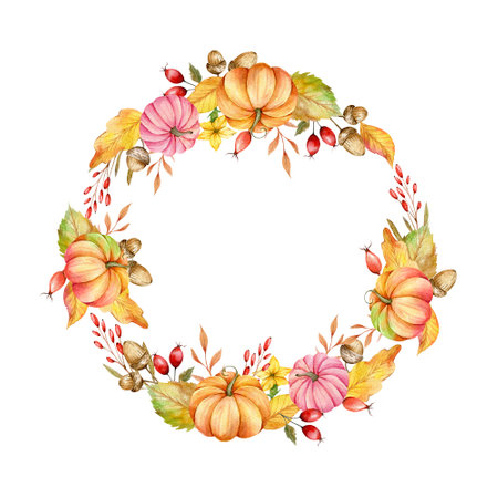 Autumn Thanksgiving Frame with Watercolor Pumpkins and greenery, Floral Thanksgiving Wreath. Fall floral frame with Pumpkins, Berries and Leavesの写真素材