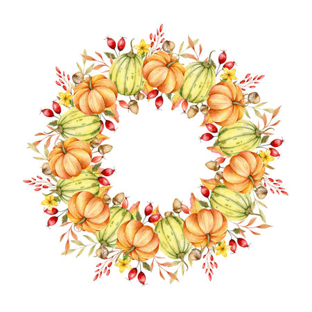 Autumn Thanksgiving Frame with Watercolor Pumpkins and greenery, Floral Thanksgiving Wreath. Fall floral frame with Pumpkins, Berries and Leavesの写真素材