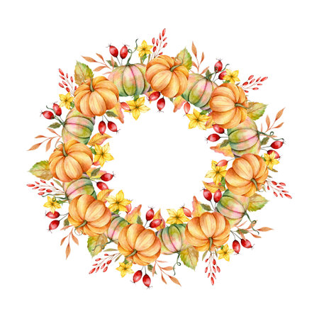 Autumn Thanksgiving Frame with Watercolor Pumpkins and greenery, Floral Thanksgiving Wreath. Fall floral frame with Pumpkins, Berries and Leavesの写真素材