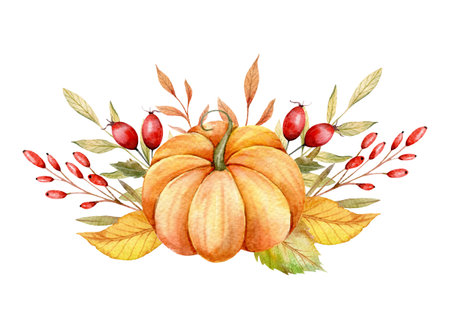 Autumn Thanksgiving Watercolor Pumpkins with leaves and harvest on white background. Fall floral arrangement with Pumpkins, Berries and Leavesの写真素材