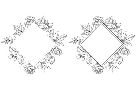 Fall floral frame outline. Fall Foliage Line Art Illustration, Outline Leaves arrangement Hand Drawn Illustration. Fall Coloring Page with Leaves. Thanksgiving arrangement. Thanksgのイラスト素材