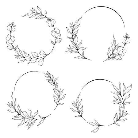 Floral Frames Line Art, Fine Line Eucalyptus Frames Hand Drawn Illustration. Eucalyptus Outline Frame.のイラスト素材