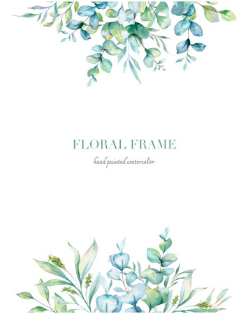 Eucalyptus Watercolor Frame. Eucalyptus Greenery Frame Hand Painted isolated on white background.  Perfect for wedding invitations, floral labels, bridal shower and  floral greetinの写真素材