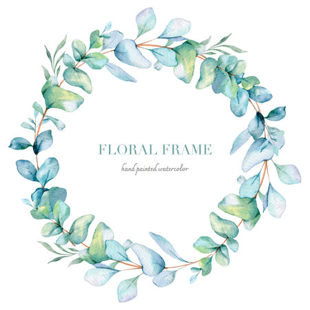 Eucalyptus Watercolor Frame. Eucalyptus Greenery Frame Hand Painted isolated on white background.  Perfect for wedding invitations, floral labels, bridal shower and  floral greetinの写真素材