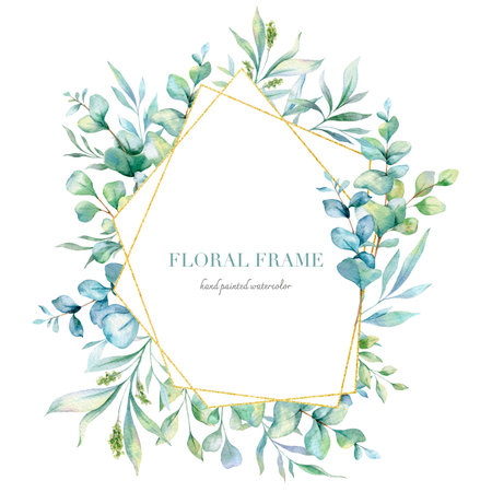 Eucalyptus Watercolor Frame. Eucalyptus Greenery Frame Hand Painted isolated on white background.  Perfect for wedding invitations, floral labels, bridal shower and  floral greetinの写真素材