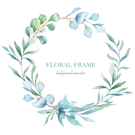Eucalyptus Watercolor Frame. Eucalyptus Greenery Frame Hand Painted isolated on white background.  Perfect for wedding invitations, floral labels, bridal shower and  floral greetinの写真素材