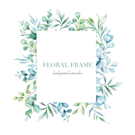 Eucalyptus Watercolor Frame. Eucalyptus Greenery Frame Hand Painted isolated on white background.  Perfect for wedding invitations, floral labels, bridal shower and  floral greetinの写真素材