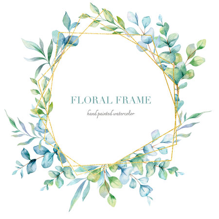 Eucalyptus Watercolor Frame. Eucalyptus Greenery Frame Hand Painted isolated on white background.  Perfect for wedding invitations, floral labels, bridal shower and  floral greetinの写真素材