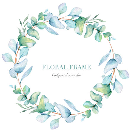 Eucalyptus Watercolor Frame. Eucalyptus Greenery Frame Hand Painted isolated on white background.  Perfect for wedding invitations, floral labels, bridal shower and  floral greetinの写真素材