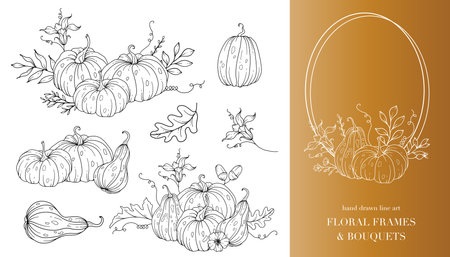Pumpkins Line Art Illustration, Outline Pumpkin arrangement Hand Drawn Illustration. Coloring Page with Pumpkins.  Thanksgiving Pumpkins Frame. Thanksgiving Pumpkins setのイラスト素材