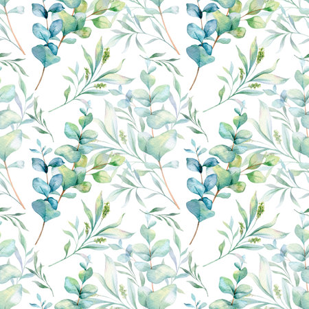 Seamless watercolor floral pattern with eucalyptus greenery, leaves, branches. Eucalyptus background for wallpapers, postcards, greeting cards, wedding invites, textile, events.の写真素材