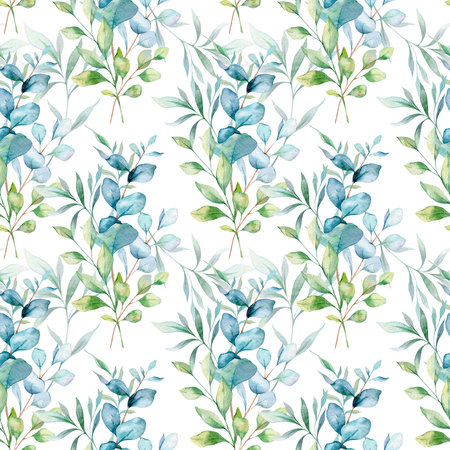 Seamless watercolor floral pattern with eucalyptus greenery, leaves, branches. Eucalyptus background for wallpapers, postcards, greeting cards, wedding invites, textile, events.の写真素材