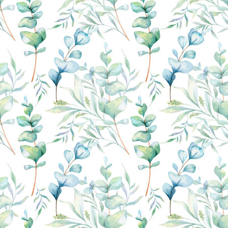 Seamless watercolor floral pattern with eucalyptus greenery, leaves, branches. Eucalyptus background for wallpapers, postcards, greeting cards, wedding invites, textile, events.の写真素材