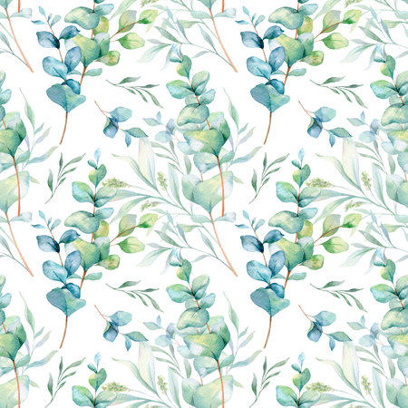 Seamless watercolor floral pattern with eucalyptus greenery, leaves, branches. Eucalyptus background for wallpapers, postcards, greeting cards, wedding invites, textile, events.の写真素材