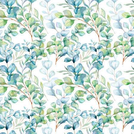 Seamless watercolor floral pattern with eucalyptus greenery, leaves, branches. Eucalyptus background for wallpapers, postcards, greeting cards, wedding invites, textile, events.の写真素材