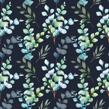 Seamless watercolor floral pattern with eucalyptus greenery, leaves, branches. Eucalyptus background for wallpapers, postcards, greeting cards, wedding invites, textile, events.の写真素材