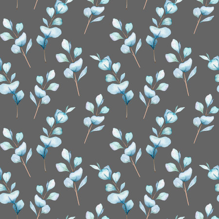 Seamless watercolor floral pattern with eucalyptus greenery, leaves, branches. Eucalyptus background for wallpapers, postcards, greeting cards, wedding invites, textile, events.の写真素材