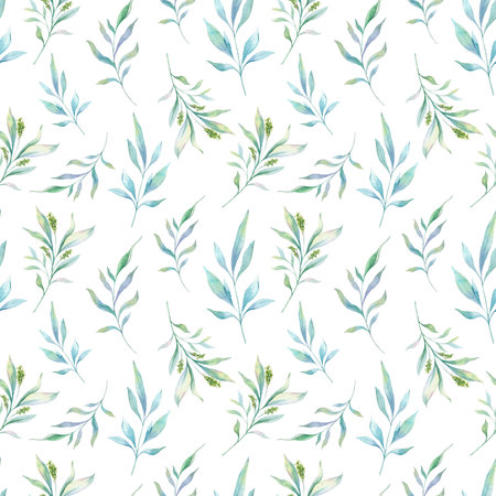 Seamless watercolor floral pattern with eucalyptus greenery, leaves, branches. Eucalyptus background for wallpapers, postcards, greeting cards, wedding invites, textile, events.の写真素材