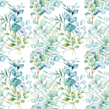 Seamless watercolor floral pattern with eucalyptus greenery, leaves, branches. Eucalyptus background for wallpapers, postcards, greeting cards, wedding invites, textile, events.の写真素材
