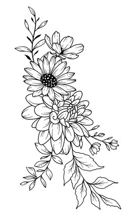 Wildflowers Line Drawing. Black and white Floral Bouquets. Flower Coloring Page. Floral Line Art. Fine Line Wildflowers illustration. Hand Drawn flowers. Botanical Coloring.のイラスト素材