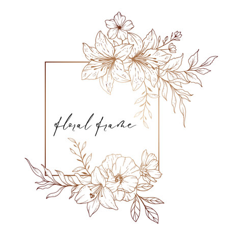 Wildflowers Line Drawing. Black and white Floral Frames. Floral Line Art. Fine Line Wildflowers illustration. Hand Drawn Outline flowers. Botanical Coloring Page. Wedding inviteのイラスト素材