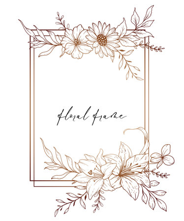 Wildflowers Line Drawing. Black and white Floral Frames. Floral Line Art. Fine Line Wildflowers illustration. Hand Drawn Outline flowers. Botanical Coloring Page. Wedding inviteのイラスト素材