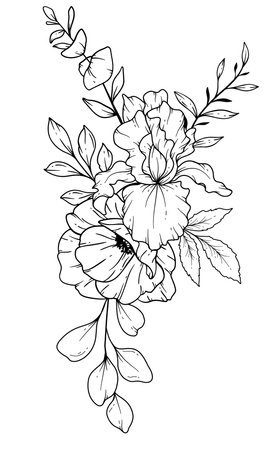 Wildflowers Line Drawing. Black and white Floral Bouquets. Flower Coloring Page. Floral Line Art. Fine Line Wildflowers illustration. Hand Drawn flowers. Botanical Coloring.のイラスト素材