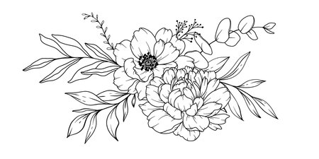 Peony Line Drawing. Black and white Floral Bouquets. Flower Coloring Page. Floral Line Art. Fine Line Peony illustration. Hand Drawn flowers. Botanical Coloring. Wedding invitation flowersのイラスト素材