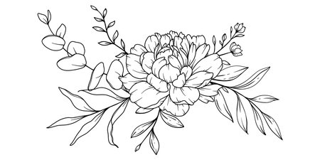 Peony Line Drawing. Black and white Floral Bouquets. Flower Coloring Page. Floral Line Art. Fine Line Peony illustration. Hand Drawn flowers. Botanical Coloring. Wedding invitation flowersのイラスト素材
