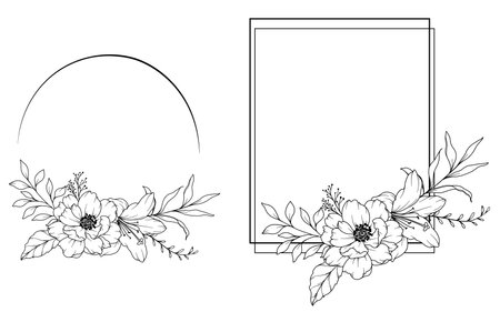 Peony Line Drawing. Black and white Floral Frames. Floral Line Art. Fine Line Peony illustration. Hand Drawn Outline flowers. Botanical Coloring Page. Wedding invitation flowersのイラスト素材