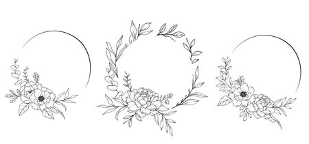 Peony Line Drawing. Black and white Floral Frames. Floral Line Art. Fine Line Peony illustration. Hand Drawn Outline flowers. Botanical Coloring Page. Wedding invitation flowersのイラスト素材