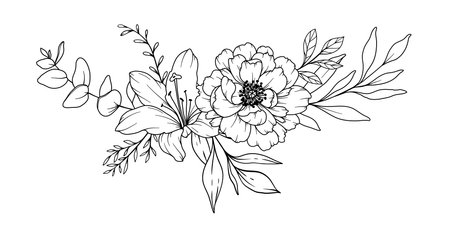 Peony Line Drawing. Black and white Floral Bouquets. Flower Coloring Page. Floral Line Art. Fine Line Peony illustration. Hand Drawn flowers. Botanical Coloring. Wedding invitation flowersのイラスト素材