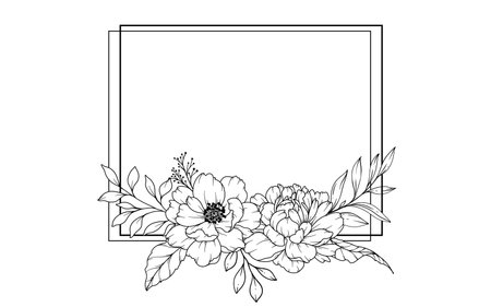 Peony Line Drawing. Black and white Floral Frames. Floral Line Art. Fine Line Peony illustration. Hand Drawn Outline flowers. Botanical Coloring Page. Wedding invitation flowersのイラスト素材