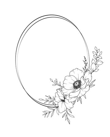 Spring Flowers Line Drawing. Black and white Floral Frames. Floral Line Art. Fine Line Flowers illustration. Hand Drawn Outline flowers. Botanical Coloring Page. Wedding invitation flowersのイラスト素材