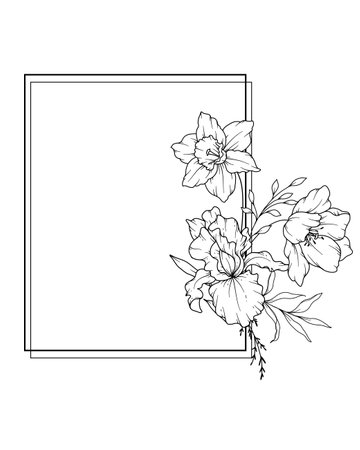 Spring Flowers Line Drawing. Black and white Floral Frames. Floral Line Art. Fine Line Flowers illustration. Hand Drawn Outline flowers. Botanical Coloring Page. Wedding invitation flowersのイラスト素材