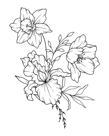 Spring Flowers Line Drawing. Black and white Floral Bouquets. Flower Coloring Page. Floral Line Art. Fine Line Flowers illustration. Hand Drawn flowers. Botanical Coloring. Wedding invitation flowersのイラスト素材