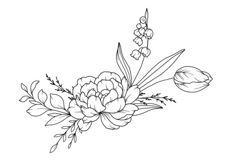 Spring Flowers Line Drawing. Black and white Floral Bouquets. Flower Coloring Page. Floral Line Art. Fine Line Flowers illustration. Hand Drawn flowers. Botanical Coloring. Wedding invitation flowersのイラスト素材