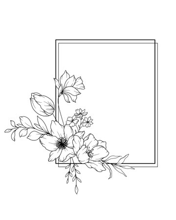 Spring Flowers Line Drawing. Black and white Floral Frames. Floral Line Art. Fine Line Flowers illustration. Hand Drawn Outline flowers. Botanical Coloring Page. Wedding invitation flowersのイラスト素材