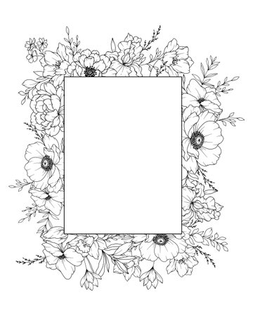Spring Flowers Line Drawing. Black and white Floral Frames. Floral Line Art. Fine Line Flowers illustration. Hand Drawn Outline flowers. Botanical Coloring Page. Wedding invitation flowersのイラスト素材