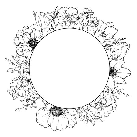 Spring Flowers Line Drawing. Black and white Floral Frames. Floral Line Art. Fine Line Flowers illustration. Hand Drawn Outline flowers. Botanical Coloring Page. Wedding invitation flowersのイラスト素材