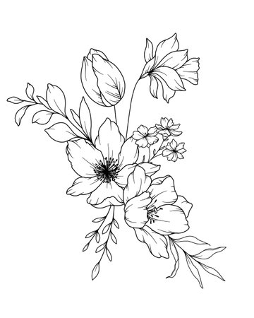 Spring Flowers Line Drawing. Black and white Floral Bouquets. Flower Coloring Page. Floral Line Art. Fine Line Flowers illustration. Hand Drawn flowers. Botanical Coloring. Wedding invitation flowersのイラスト素材