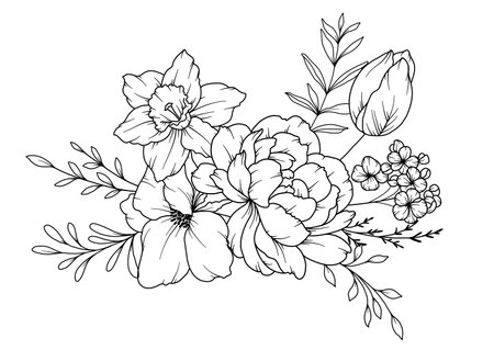Spring Flowers Line Drawing. Black and white Floral Bouquets. Flower Coloring Page. Floral Line Art. Fine Line Flowers illustration. Hand Drawn flowers. Botanical Coloring. Wedding invitation flowersのイラスト素材