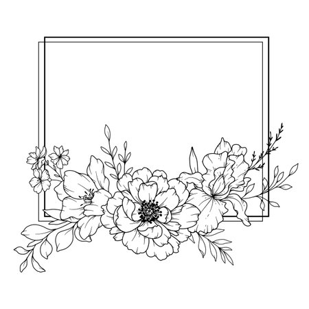 Spring Flowers Line Drawing. Black and white Floral Frames. Floral Line Art. Fine Line Flowers illustration. Hand Drawn Outline flowers. Botanical Coloring Page. Wedding invitation flowersのイラスト素材