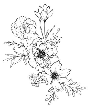 Spring Flowers Line Drawing. Black and white Floral Bouquets. Flower Coloring Page. Floral Line Art. Fine Line Flowers illustration. Hand Drawn flowers. Botanical Coloring. Wedding invitation flowersのイラスト素材