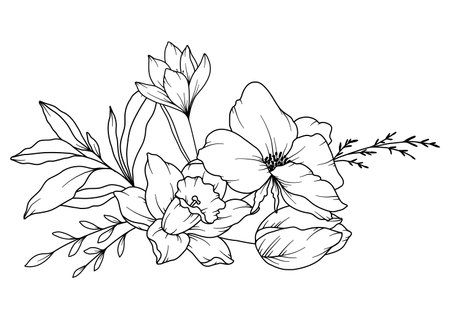 Spring Flowers Line Drawing. Black and white Floral Bouquets. Flower Coloring Page. Floral Line Art. Fine Line Flowers illustration. Hand Drawn flowers. Botanical Coloring. Wedding invitation flowersのイラスト素材