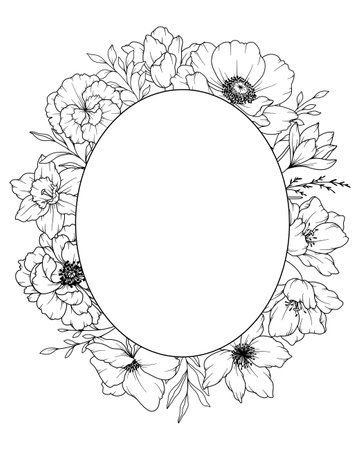 Spring Flowers Line Drawing. Black and white Floral Frames. Floral Line Art. Fine Line Flowers illustration. Hand Drawn Outline flowers. Botanical Coloring Page. Wedding invitation flowersのイラスト素材