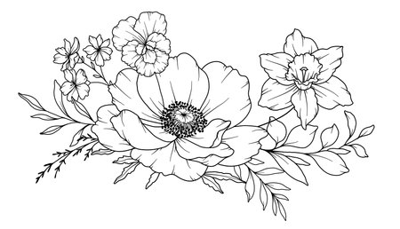 Spring Flowers Line Drawing. Black and white Floral Bouquets. Flower Coloring Page. Floral Line Art. Fine Line Flowers illustration. Hand Drawn flowers. Botanical Coloring. Wedding invitation flowersのイラスト素材