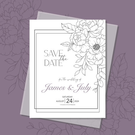 Line Art Peony Flower  Wedding Invitation template,  Outline Peony Minimalist Wedding Stationeryのイラスト素材