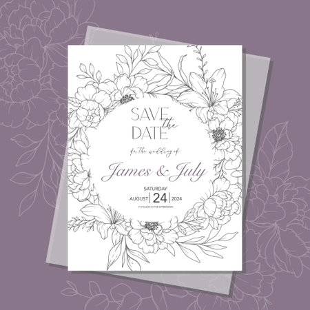 Line Art Peony Flower  Wedding Invitation template,  Outline Peony Minimalist Wedding Stationeryのイラスト素材